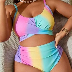 SHEIN Two-Piece Rainbow Ombre Twist Swimsuit - Pink, Purple, Blue, Yellow